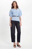 Kadın Slim Fit Dar Kesim Kol Detaylı İnce Kemerli Fermuarlı Mavi Bluz