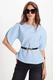 Kadın Slim Fit Dar Kesim Kol Detaylı İnce Kemerli Fermuarlı Mavi Bluz