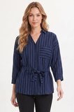 Kadın Oversize Geniş Kesim Uzun Kollu Pamuklu Beli Kuşaklı Çizgili Cepli Lacivert Gömlek 