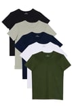 Unisex 5'li Paket Siyah-Gri-Lacivert-Beyaz-Yeşil Slim Fit Dar Kesim %100 Pamuk Bisiklet Yaka Tişört