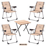4 Adet Katlanabilir Kamp Sandalyesi ve Masa Seti - Rock - Bej (A-02) - Bardaklıklı - 140 KG Taşıma