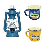 Evde Kamp Keyfi Hediye Seti - Retro Fener ve Emaye Bardaklar (3 Parça)