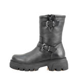 Kadın Siyah Fermuarlı Deri Bot