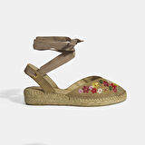 Limited Edition Bej Kadın Çiçek Nakışlı Jüt Bağcıklı Slingback Espadril