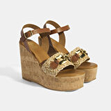 Kadın Kahve Toka Aksesuarlı Deri Detaylı Slingback Dolgu Topuklu Sandalet