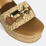 Kadın Kahve Toka Aksesuarlı Deri Detaylı Slingback Dolgu Topuklu Sandalet