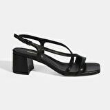 Siyah Kadın Toka Aksesuarlı Slingback Deri Topuklu Sandalet