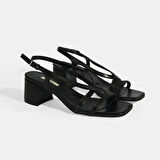 Siyah Kadın Toka Aksesuarlı Slingback Deri Topuklu Sandalet