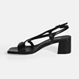 Siyah Kadın Toka Aksesuarlı Slingback Deri Topuklu Sandalet