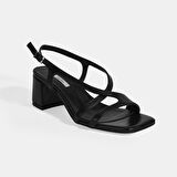 Siyah Kadın Toka Aksesuarlı Slingback Deri Topuklu Sandalet