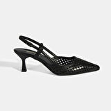 Siyah Kadın Perforeli Slingback Deri Topuklu Ayakkabı