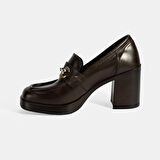 Kadın Kahve Metal Toka Detaylı Kalın Topuklu Loafer