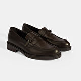 Kadın Kahve Metal Toka Detaylı Deri Loafer