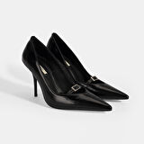 Kadın Siyah Taşlı Toka Detaylı Rugan Topuklu Abiye Ayakkabı