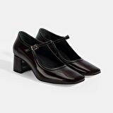 Kadın Bordo Ayarlanabilir Tokalı Kalın Topuklu Klasik Ayakkabı