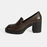 Kadın Kahve Kalın Topuklu Deri Loafer