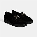 Kadın Siyah Metal Toka Detaylı Süet Loafer