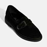 Kadın Siyah Metal Toka Detaylı Süet Loafer
