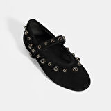 Kadın Siyah Metal Zımba Detaylı Mary Jane Babet