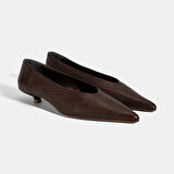 Kadın Kahve İnce Kısa Topuklu Deri Ayakkabı