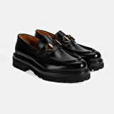Erkek Siyah Metal Toka Detaylı Deri Loafer