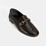 Kadın Kahve Kroko Baskılı Toka Detaylı Deri Loafer