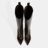 Kadın Kahve Kroko Baskılı İnce Topuklu Rugan Deri Çizme