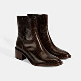 Kadın Kahve Kroko Baskılı Fermuarlı Deri Topuklu Bot