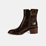 Kadın Kahve Kroko Baskılı Fermuarlı Deri Topuklu Bot