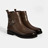 Kadın Kahve Metal Toka Detaylı Deri Bot