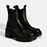 Kadın Siyah Lastikli Topuklu Deri Chelsea Bot