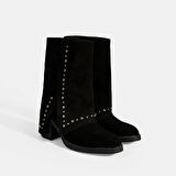 Kadın Siyah Zımba Detaylı Kalın Topuklu Süet Bot