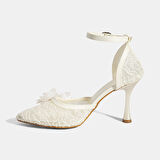 Kadın Beyaz Dantel Detaylı Taşlı Topuklu Gelin Ayakkabısı