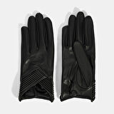 Kadın Siyah Lastik Detaylı Deri Eldiven