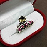 Dumanlı Kuvars ve Yakut Taşlı 925 Ayar Otantik Gümüş Kadın Yüzük