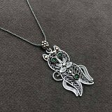 Zümrüt Taşlı Kedi Model Oksitli Telkari Gümüş Kadın Kolye