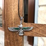 Zümrüt ve Markazit Taşlı Orta Boy Unisex Ahura Mazda Gümüş Kolye