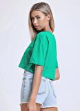 Reebok LC 6613 TENA CROP TEE Yeşil Yuvarlak Yaka Crop Baskılı Kadın T-Shirt