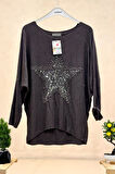 Yıldız Pullu Kayık Yaka Oversize İthal Bluz