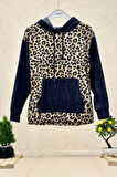 Leopar Desen Kot Garnili Kapşonlu Sweat
