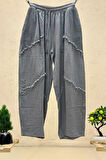 Cep File Detaylı Püsküllü Bol Paça Keten Pantolon