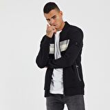 Şeritli Fermuarlı Sweat - Siyah