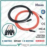 Güneş Paneli Uzatma Kablosu (8m+8m) 10mm Çift Taraflı Mc4 Soketli Solar Ara Kablo Siyah Kırmızı 