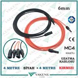 Güneş Paneli Uzatma Kablosu (4m+4m) 6mm Çift Taraflı Mc4 Soketli Solar Ara Kablo Siyah Kırmızı 