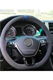 Volkswagen Polo 2017 > Uyumlu Dikmeli Direksiyon Kılıfı Alcantara Mavi Yüzüklü