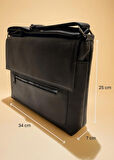 NEWFULL POSTACI ASKILI KAPAKLI OMUZ ÇANTASI - BÜYÜK BOY - HAKİKİ DERİ-SİYAH