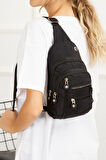 NEWİSH POLO KADIN KRİNKIL KUMAŞ ÇAPRAZ TEK KOL GÖĞÜS VE OMUZ SIRT ÇANTASI-CROSSBODY BAG-SİYAH
