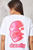 The Champ Deadly Yazılı Yüz Tasarım Baskılı Oversize Beyaz Kadın T-Shirt
