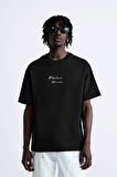  Bisiklet Yaka Palmiye Baskılı Oversize Siyah Erkek T-shirt