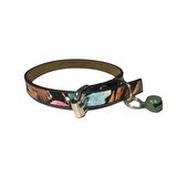 Siyah Üzeri Çiçek Desenli Derili 1 Cm Metal Kilit Tokalı Zilli Kedi Tasması
